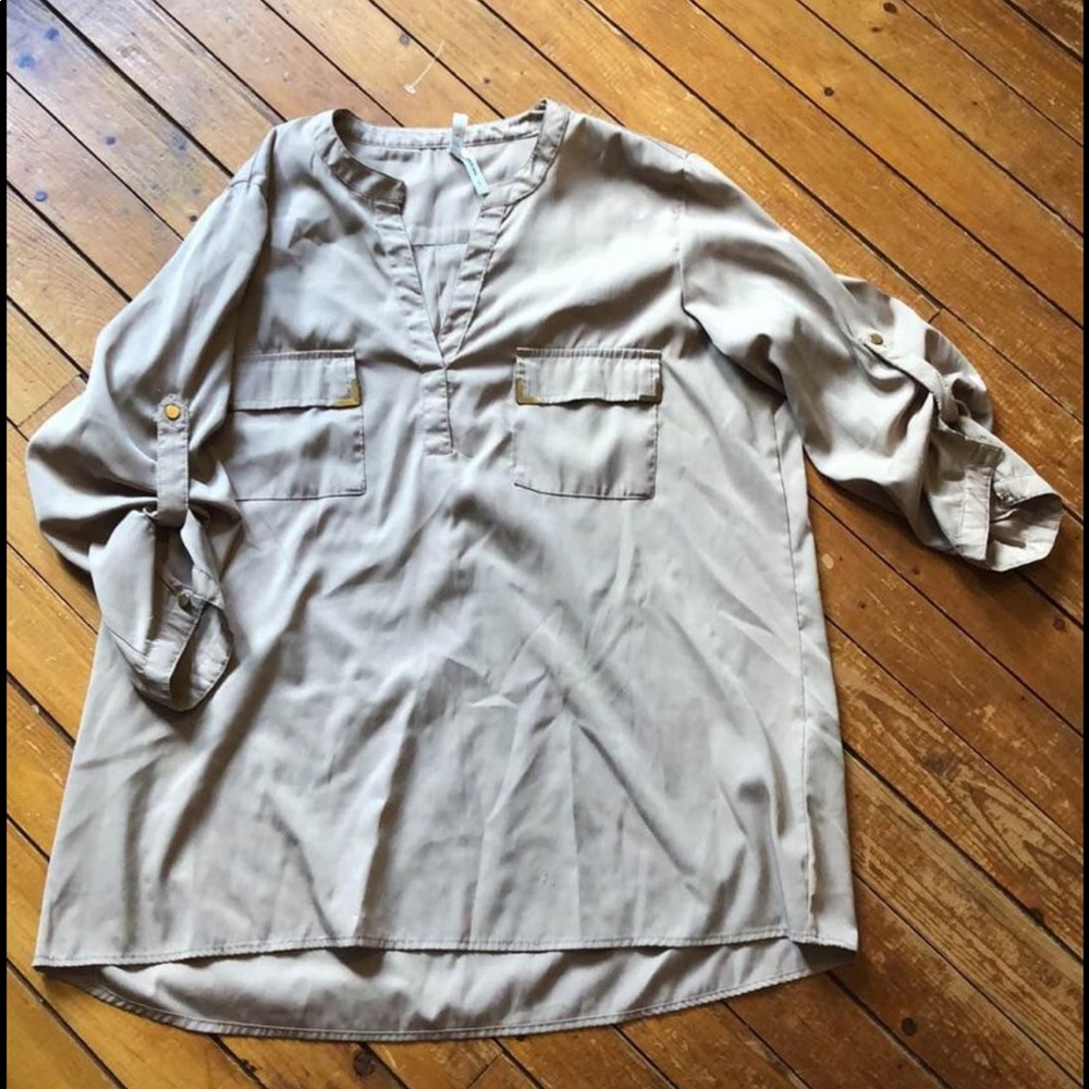 Tan nylon dress shirt. Size L